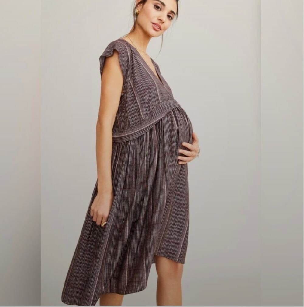 Hatch The Paulina Maternity Dress Brown Printed Crepe Comfortable V-Neck Silk